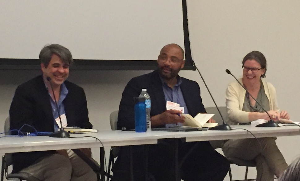 At the 2016 Rare Books and Manuscripts conference, three panelists discuss outreach with special collections. From left: Christoph Irmscher, Pellom McDaniels III, and Sarah Werner.