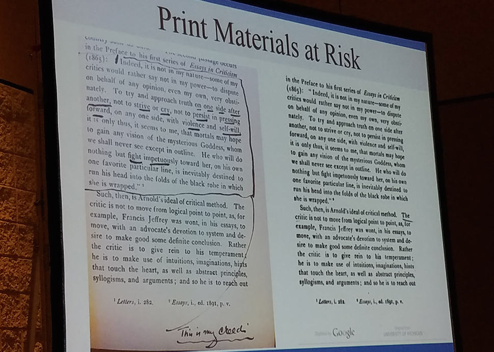 Selections from the Prose Writings of Matthew Arnold, annotated by former University of Virginia President Edwin Alderman on the left, compared to a pristine copy downloaded from Google Books.