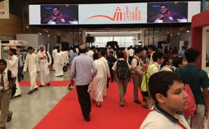 The Sharjah Expo Centre is filled with publishers, educators, information professionals, and groups of schoolchildren.