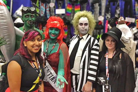 Dolly Goyal, library director at Los Gatos (Calif.) Public Library, with Beetlejuice cosplayers.