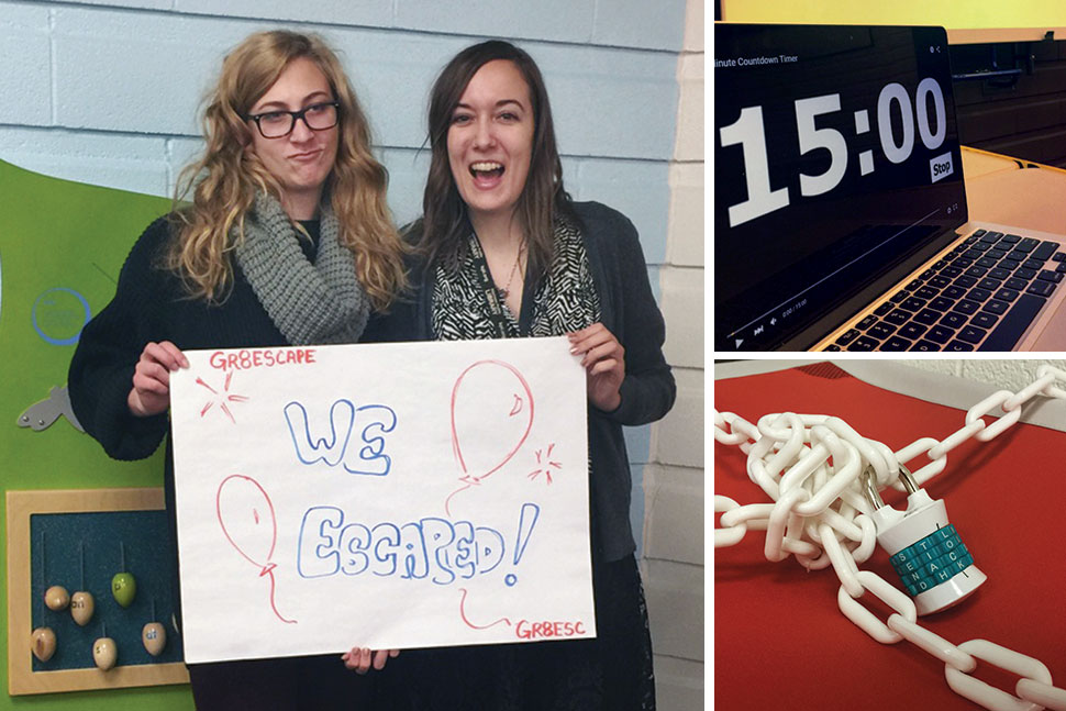 Shelver Kara Van Muyen (left) and librarian Karissa Alcox at the Kitchener (Ont.) Public Library escape room. Participants had 15 minutes to complete all puzzles. Photo: gr8 Escape