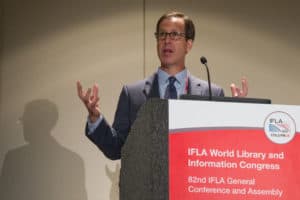 Dan Cohen, executive director of the Digital Public Library of America, speaks at “Brave New World: The Future of Collections in Digital Times,” a program at the IFLA 2016 World Library and Information Congress in Columbus, Ohio.
