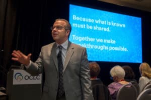Skip Prichard, president and CEO of OCLC, addresses the crowd at the Industry Symposium during the International Federation of Library Associations and Institutions' World Library and Information Congress in Columbus, Ohio, August 14.