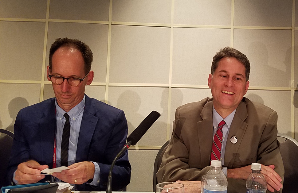 Garrett Scott (left), an antiquarian bookseller in Ann Arbor, Michigan, and Edwin C. Schroeder, director of the Beinecke Rare Book and Manuscript Library at Yale University, presented their recommendations on preventing and uncovering theft in libraries.