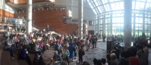 Fairfax County (Va.) Public Library staff members gather in the atrium of the Fairfax County Government Center.