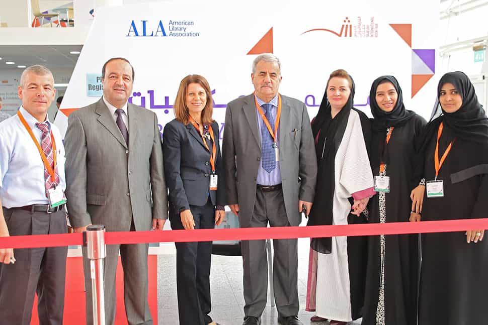 From left: Khaled Ahmad Halloume, Hassan Momani, ALA Past President Sari Feldman, Jassim M. Jirjees, Asmah Saad Assim, Muna Abdulla, and Azeyaa Ahmed at the 2015 SIBF/ALA Library Conference. Photo: ALA International Relations Office