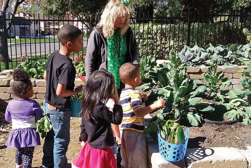Claudia Alstrom, president of the Adult Library Garden Club at Sacramento (Calif.) Public Library's Rancho Cordova branch, teaches children about vegetables in the Read and Feed garden. Photo: Sacramento (Calif.) Public Library