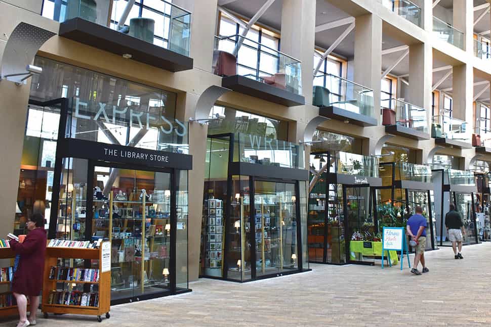 The Salt Lake City Public Library's shared space includes a library store, art gallery, hair salon, florist, public radio station, and coffee shop.