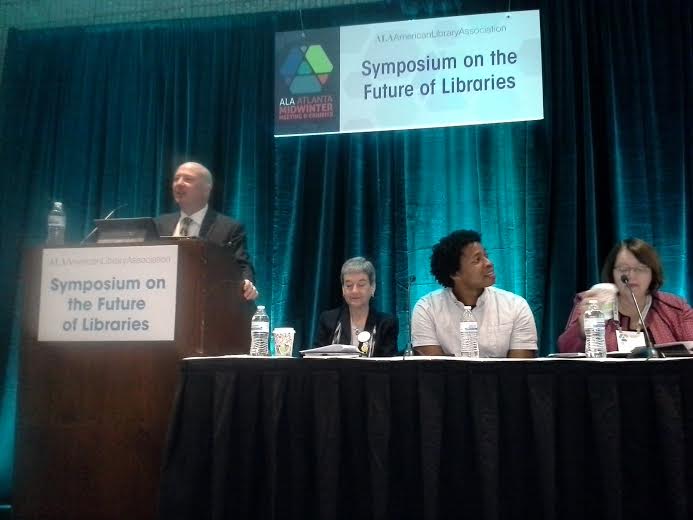 (From left) Stephen Harmon, AASL president Audrey Church, Jeffrey Martín, ACRL president Ann Campion Riley