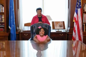Librarian of Congress Carla Hayden welcomes 4-year-old Daliyah Marie Arana of Gainesville, Georgia to be "Librarian for the Day," January 10, 2017. Photo by Shawn Miller.