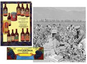 From the collection at California State Polytechnic University in Pomona, clockwise from top left: a Guasti label; fieldworkers picking grapes at the Guasti vineyard in California, c. 1923; a grape crate label. <span class="credit">Photo and illustrations: Southern California Wine and Wine Industry Photograph Collection no. 0012 and Ephemera Collection no. 0013, Special Collections and Archives, University Library, California State Polytechnic University, Pomona</span>