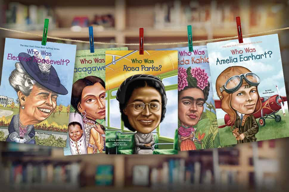 Covers of Who Was? books profiling Eleanor Roosevelt, Sacagawea, Rosa Parks, Frida Kahlo, and Amelia Earhart.