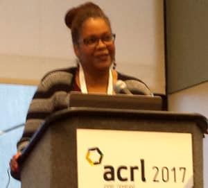 Petrina Jackson, head of special collections and university archives at Iowa State University, speaks at the ACRL conference.