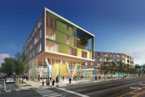 Chicago’s Northtown library branch, shown here in a rendering, will have a ground-floor library with senior housing above.