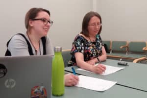 Angelina Zaytsev (left), collection services librarian at HathiTrust, and Kristina Eden, copyright review project manager at HathiTrust, lead the session "Harnessing Volunteer Power for Operational and Programmatic Success" at DPLAfest 2017 in Chicago. Photo: Terra Dankowski/American Libraries