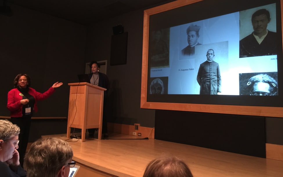 Patricia Bearden (left) and Raquel Flores-Clemons present “Partners in History: Chicago State University Archive and International Society of Sons and Daughters of Slave Ancestry Digital Collaboration" at DPLAfest in Chicago on April 20.