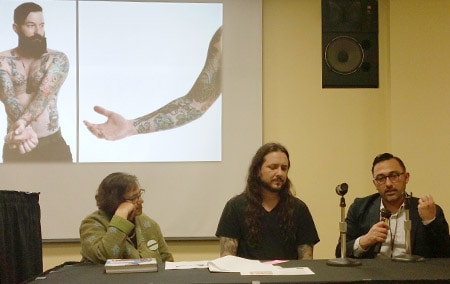 Panelists Alaka Wali, David Allen, and Chris Brown at “The Walking Art Collection: How Tattoos Tell Stories of Identity.”