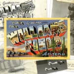 The mock-up for the "Greetings from Williams Field, Arizona" postcard used source materials from photographs, including the man in the first "I" and the planes that fly across the top. The text was hand-lettered. The final product was printed in 1943.