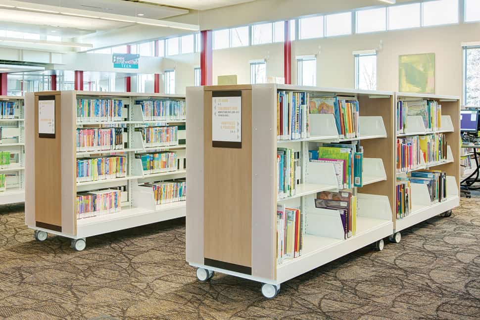 Spacesaver cantilever shelving units on casters at the Glendale branch of the Salt Lake City Public Library