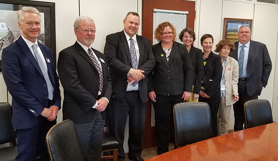 The Montana delegation (from left): Kenning Arlitsch, dean of Montana State University (MSU) Renne Library in Bozeman; Bruce Newell, chair of Montana Library Commission in Helena; Sen. Jon Tester (D-Mont.); Ann Dutton Ewbank, director of the MSU School Library Certificate Program; Heather Dickerson, teen services librarian at Lewis and Clark Library in Helena; Jennie Stapp, Montana state librarian; Bernadine Abbott Hoduski, Montana native and retired librarian of the US Joint Committee on Printing for 25 years; and John Finn, director of Lewis and Clark Library.