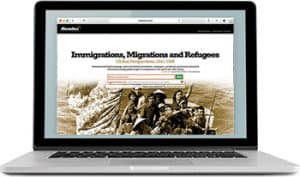 An image of a laptop computer displaying the search page for Immigrations, Migrations, and Refugees