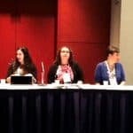 Panelists (from left) Susan Wengler, Claudia McGiveny, Kristen Woodward (online programs and instructional design coordinator, University of Wisconsin-Milwaukee Libraries), Kelly Diamond, and Moderator Molly Mansfield (online learning and instruction librarian, Dominican University, River Forest, Illinois)