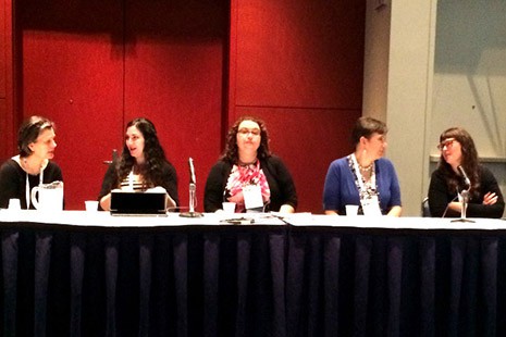 Panelists (from left) Susan Wengler, Claudia McGiveny, Kristen Woodward (online programs and instructional design coordinator, University of Wisconsin-Milwaukee Libraries), Kelly Diamond, and Moderator Molly Mansfield (online learning and instruction librarian, Dominican University, River Forest, Illinois)