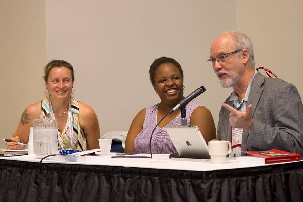 From left: Marguerite Avery, April Hathcock, and Jamie LaRue (speaking) at the American Library Association’s 2017 Annual Conference and Exhibition in Chicago on June 24, 2017. Photo: Rebecca Lomax/American Libraries