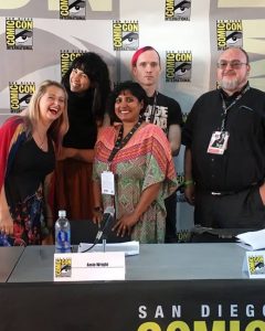 Members of the "Picture Books for Grown Ups" panel, from left: Monica Barrette (Escondido Public Library), Amie Wright (New York Public Library) Lalitha Nataraj (Escondido Public Library), Matthew Murray (University of Nevada, Las Vegas Libraries), and Steven Torres-Roman (San Diego Public Library). 