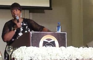 Bernice King speaks at the closing session of the National Conference of African American Librarians in Atlanta August 13.