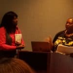 Chicago Public Library Reference Librarian Lawanda Miller (left) and Archivist Tracy Drake at the National Conference of African American Librarians in Atlanta August 12.