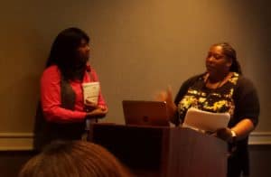 Chicago Public Library Reference Librarian Lawanda Miller (left) and Archivist Tracy Drake at the National Conference of African American Librarians in Atlanta August 12.