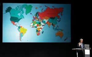 IFLA Secretary General Gerald Leitner shows a world map indicating the 140 countries that have so far participated in Global Vision discussions.