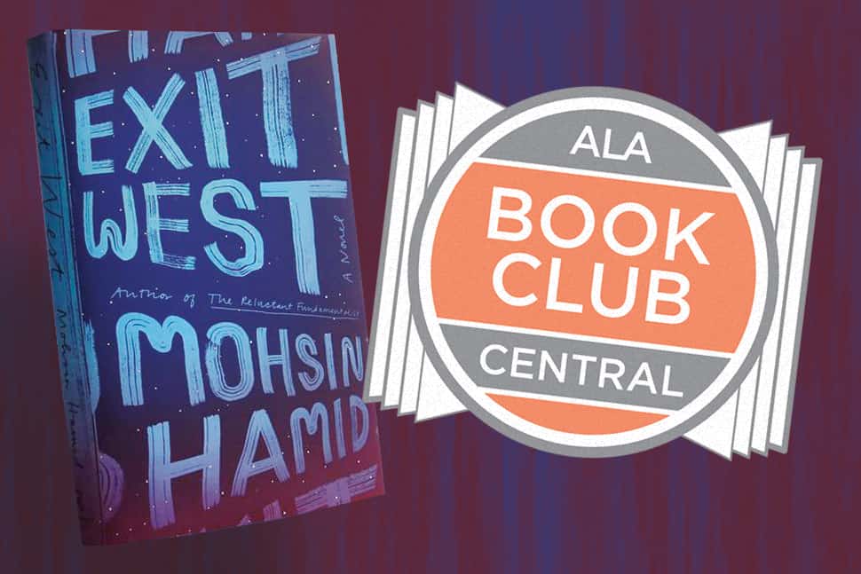 Cover of Exit West by Mohsin Hamid and Book Club Central logo