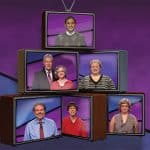 Clockwise from top: Ben Almoite, Jennifer Hills, Gretchen Neidhardt, Margaret Miles, Ken Hirsh, and Sarah Trowbridge with Jeopardy! host Alex Trebek.