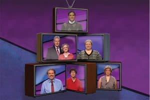 Clockwise from top: Ben Almoite, Jennifer Hills, Gretchen Neidhardt, Margaret Miles, Ken Hirsh, and Sarah Trowbridge with Jeopardy! host Alex Trebek.