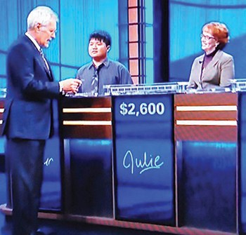 Julie Hornick on the set of <em>Jeopardy!</em> in 2014. Hornick was a school librarian at the time.