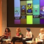 Members of the “Hot Off the Press in Children’s Books” panel, from left: Candice Mack (Los Angeles Public Library), Sayantani DasGupta, Laura Terry, Gale Galligan, Jennifer L. Holm, and Tui T. Sutherland.