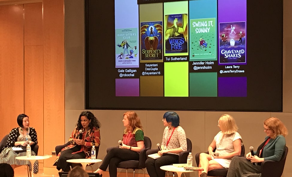 Members of the “Hot Off the Press in Children’s Books” panel, from left: Candice Mack (Los Angeles Public Library), Sayantani DasGupta, Laura Terry, Gale Galligan, Jennifer L. Holm, and Tui T. Sutherland.