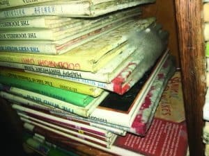 Wet, moldy books belonging to the flooded Mauriceville Elementary School library in Orange, Texas. Photo by Sommer Reynolds