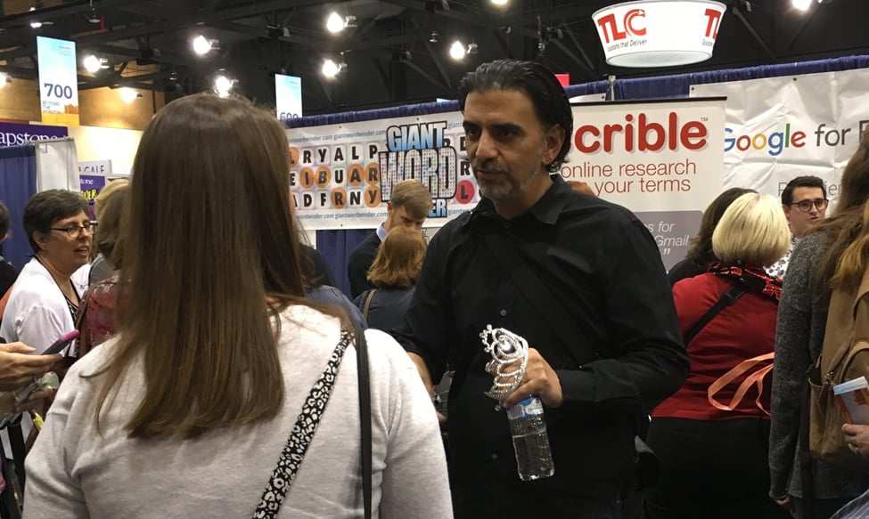 Jaime Casap, chief education evangelist at Google, talks to librarians in the exhibit hall after his keynote talk on the first day of the 2017 AASL National Conference and Exhibition in Phoenix.