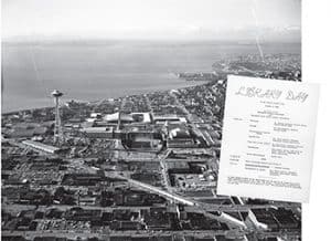 An aerial photo of the Century 21 Exposition in 1962 Seattle. Inset: a Library Day flier. (Photo: Overview of Seattle, City Light Photographic Negatives, Seattle Municipal Archives)