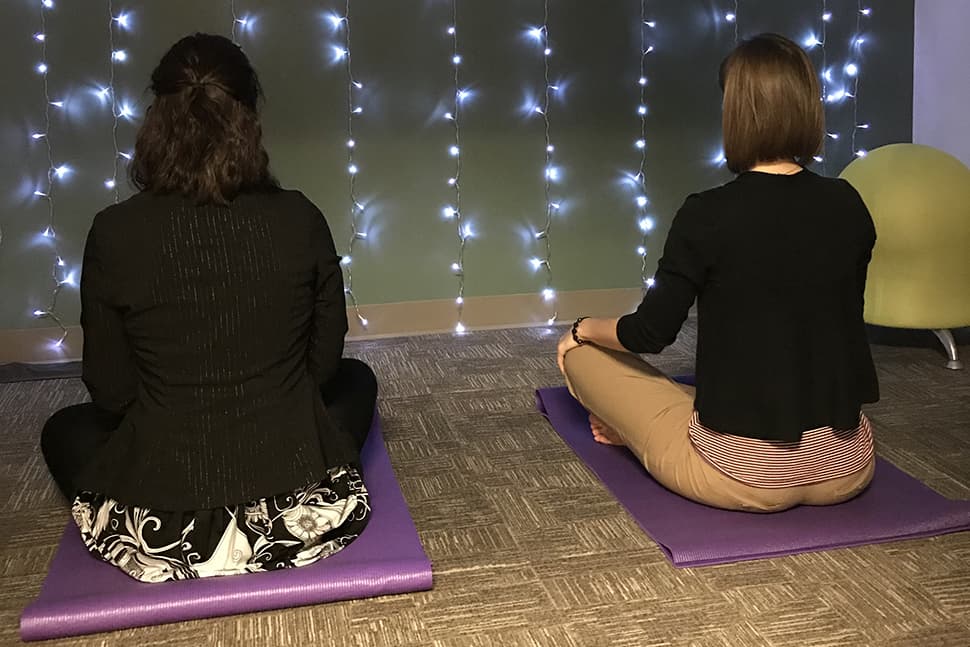 Librarians Megan Donald (left) and Emily Tichenor of Tulsa (Okla.) Community College sit in the meditation room at the West Campus Library. Photo: Tulsa (Okla.) Community College.