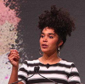 Poet and author Elizabeth Acevedo delivers the Arthur Curley Memorial Lecture at the 2018 ALA Midwinter Meeting & Exhibits in Denver. <span class="credit">Photo: Cognotes</span>