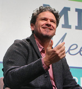 Author Dave Eggers speaks at the 2018 ALA Midwinter Meeting & Exhibits in Denver. <span class="credit">Photo: Cognotes</span>