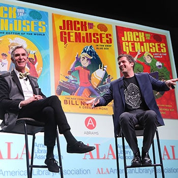 Bill Nye and Gregory Mone at the Closing Session of the 2018 ALA Midwinter Meeting & Exhibits in Denver. <span class="credit">Photo: Cognotes</span>