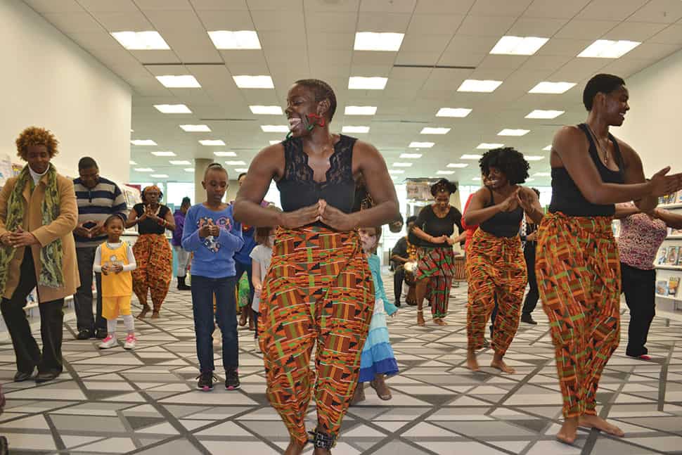 Members of an African drum and dance ensemble lead patrons in a performance routine as part of Richland Library's day-long Black History Month Fair on January 28, 2017. Photo: Richland Library
