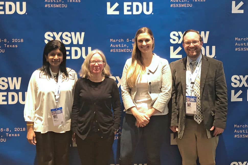 Speakers at the SXSW EDU “Ready to Code: Libraries Supporting CS Education” panel (from left) Mega Subramaniam, Linda Braun, Nicky Rigg, and moderator Tim Carrigan.