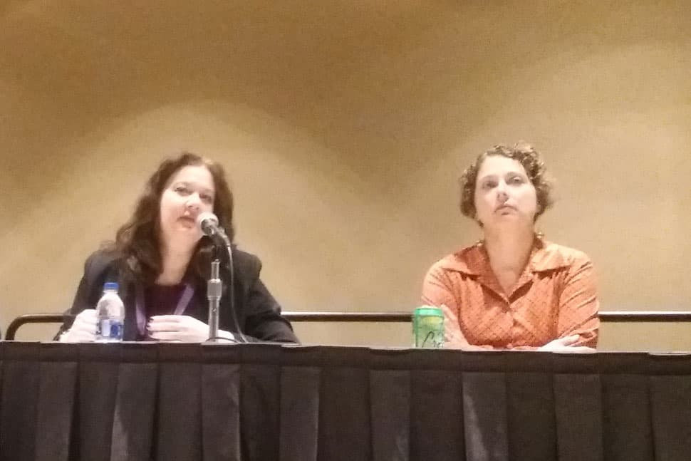 Lisa Shaw (left) and Elizabeth Iaukea present “Libraries Strengthening the Talent Pipeline,” a March 23 session at the Public Library Association Conference in Philadelphia.