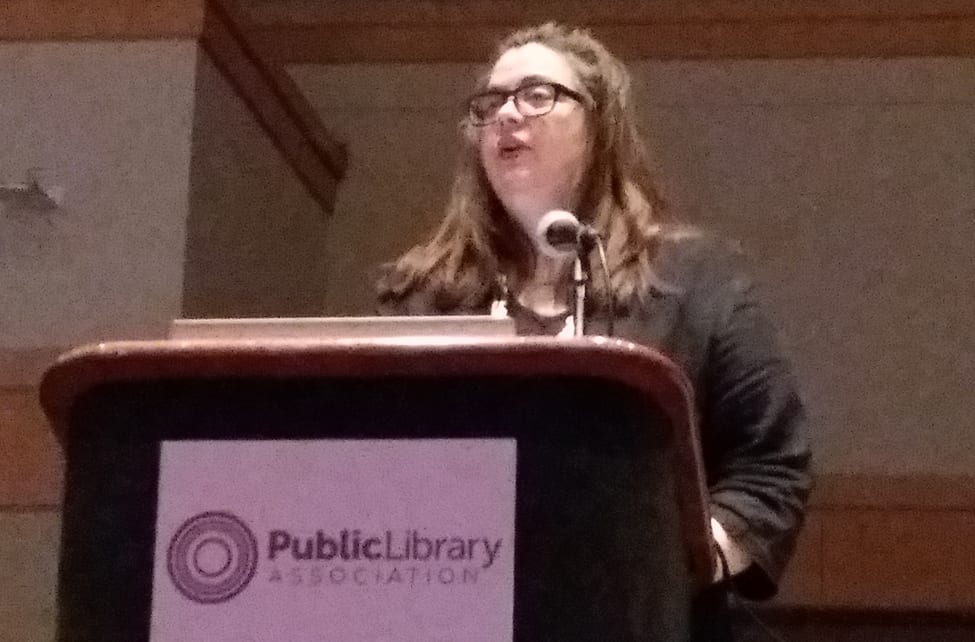 Author, marketer, and consultant Kari Chapin addresses Public Library Association conference attendees in Philadelphia, March 21, 2018.